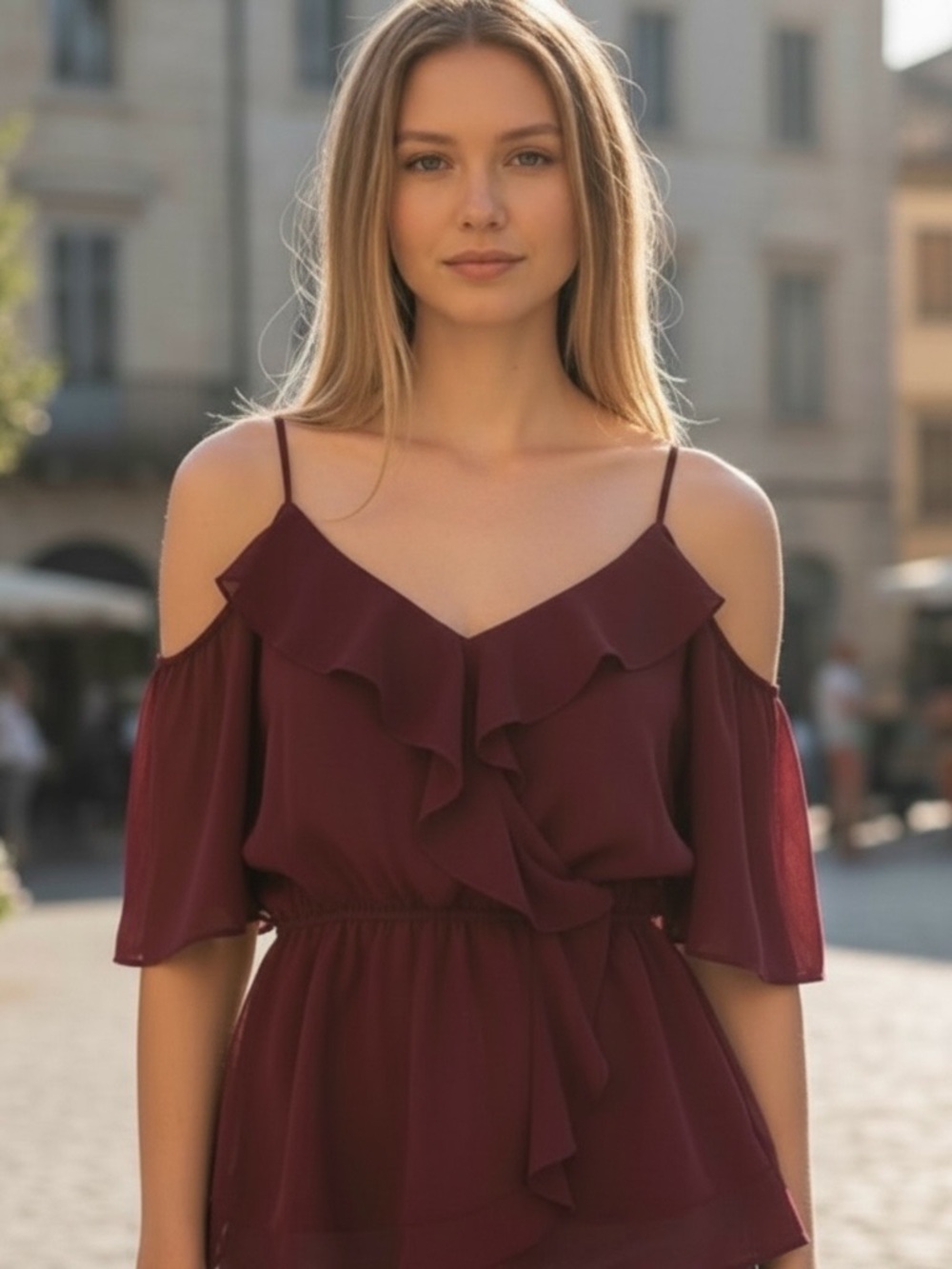 Francesca's Collections Burgundy Ruffle Top